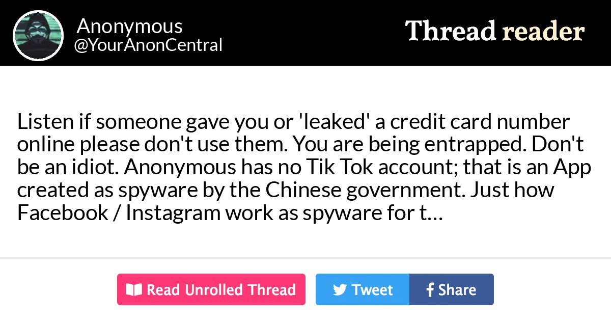Thread by @YourAnonCentral: Listen if someone gave you or 'leaked' a credit card number online ...