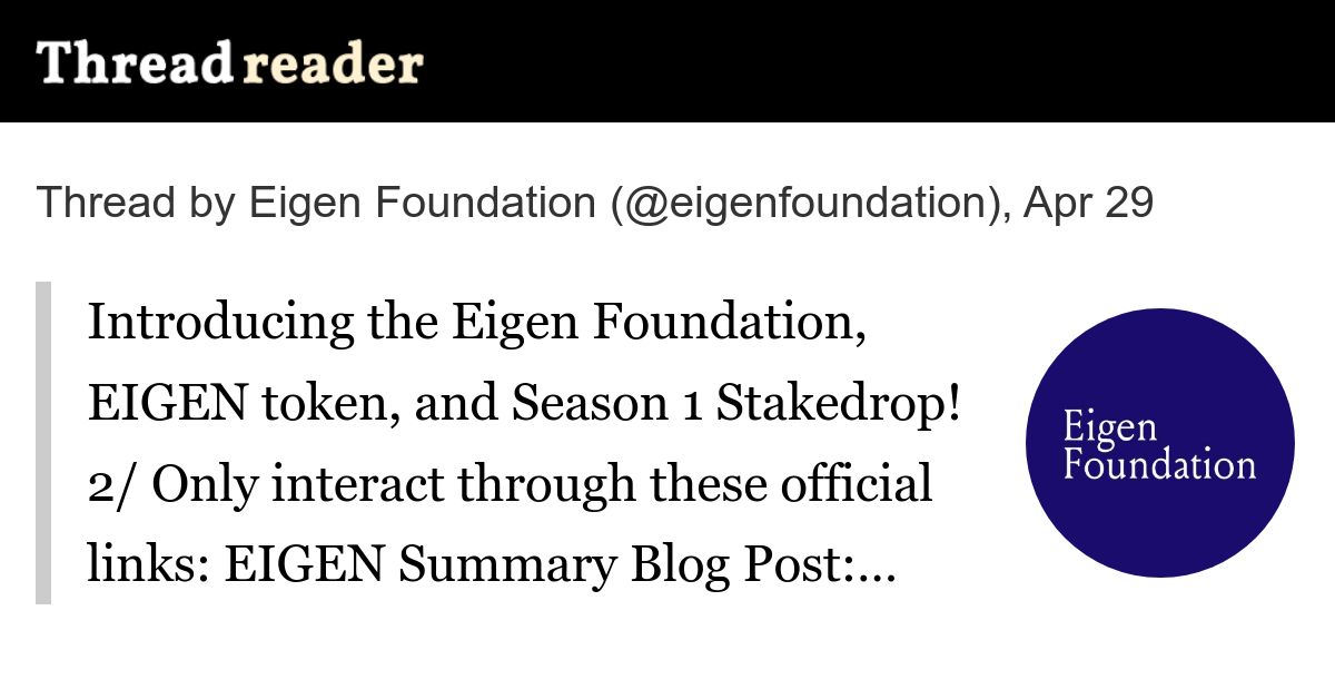 Eigen Foundation Established - $EIGEN May 10th Airdrop (2 minute read)